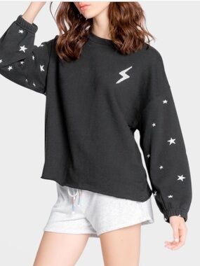 PJ Salvage Black Lightning Bolt Star Embroidered Sleeves Sweatshirt Size XS New
